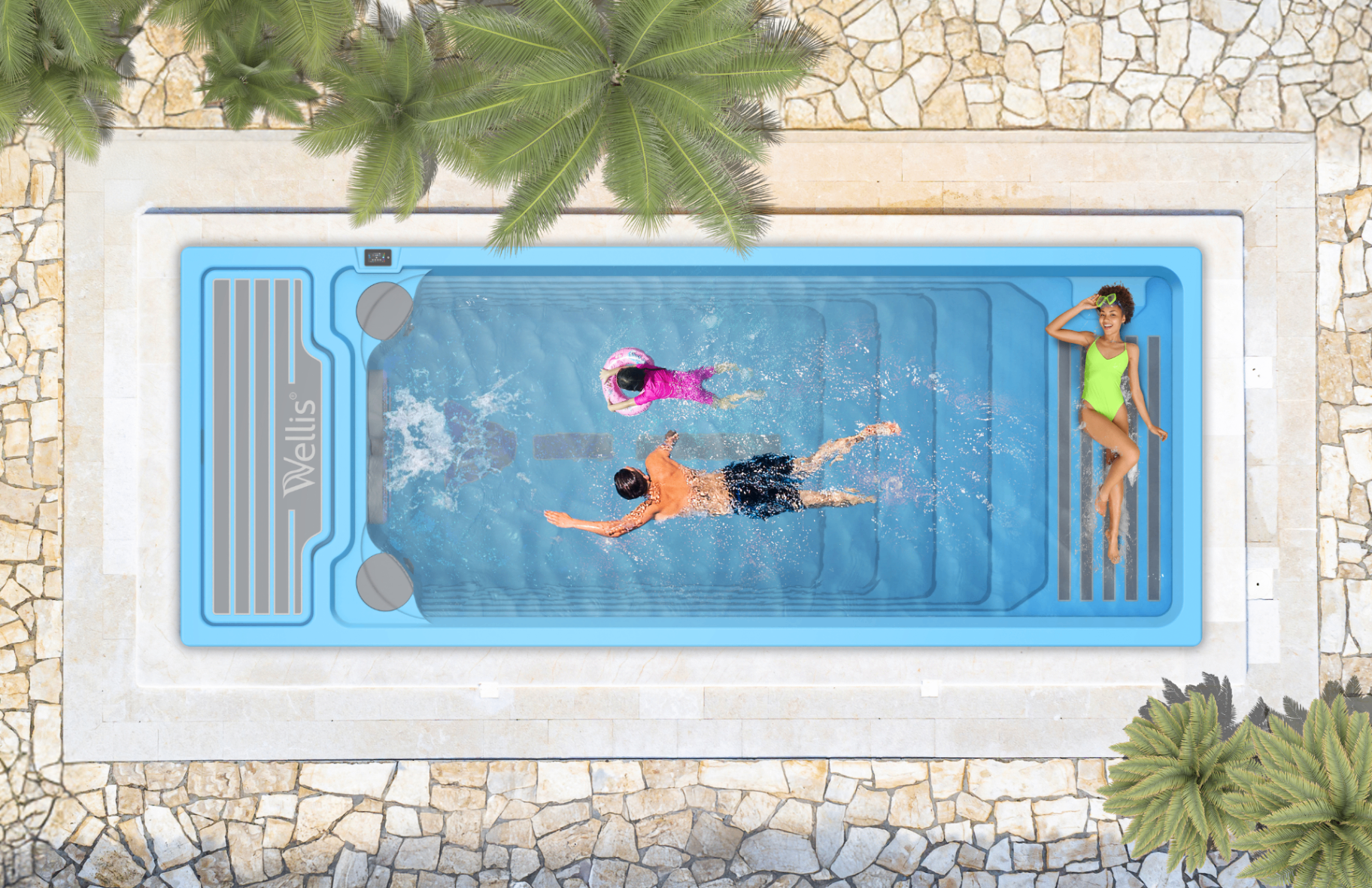 Swim spa Wellis instalado en exterior — espacio amplio, jardín o deck.